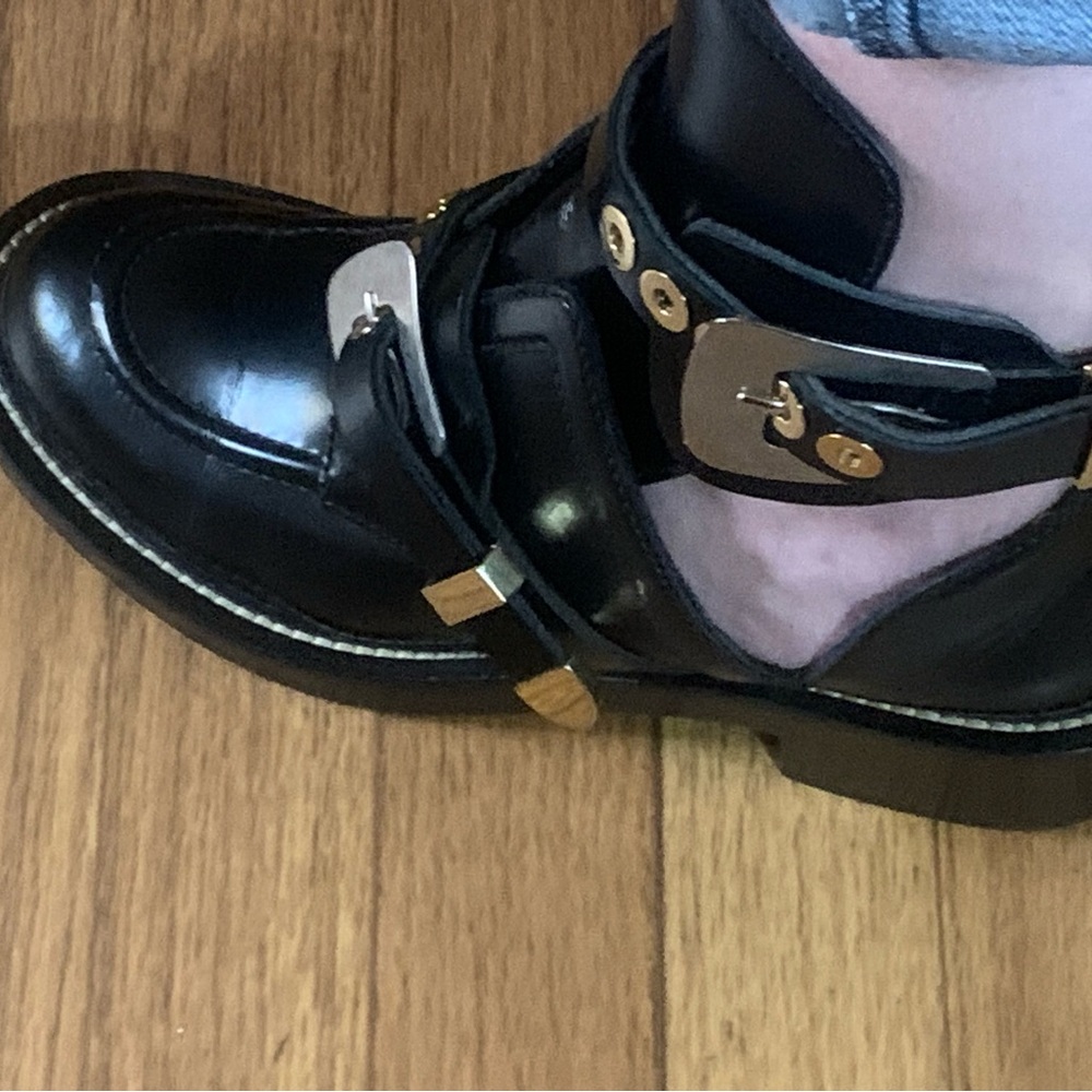 Balenciaga Black Leather Ankle Boots with Gold Hardware Accents